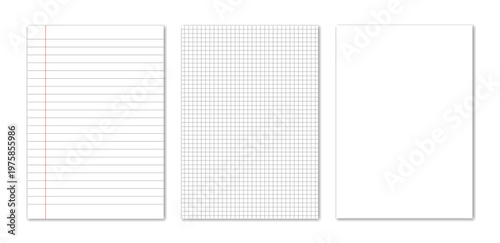 Vector set of realistic template pages of lined, squared and blank paper with shadows