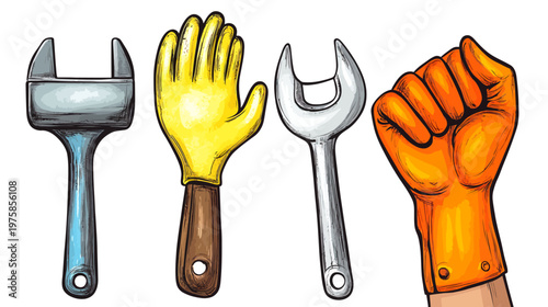 Colorful illustrated image of different tools and hand with glove. Cartoon style artwork on white background