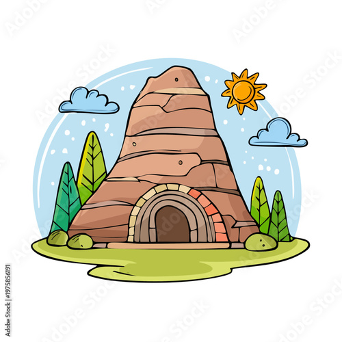 Charming cartoon cave entrance nestled in a rocky mountain with stylized trees and sun