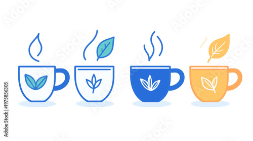 Four stylized teacups with steam and leaf elements. Cups are different colors white, blue, and yellow
