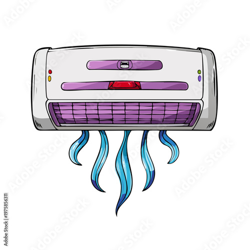 Cartoon illustration of a wall-mounted air conditioner blowing cool blue air streams.