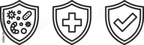 Health protection icons set, modern line immunity symbols, medical safety, antivirus shields, quality assurance concepts, healthcare app web design