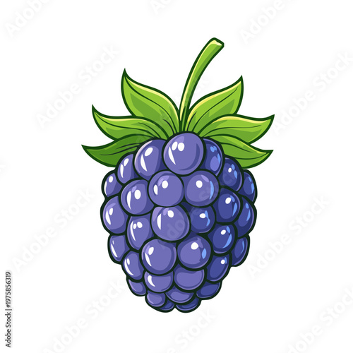 Vibrant cartoon illustration of a ripe purple blackberry with green leaves