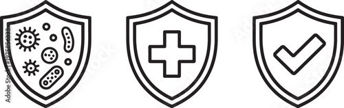 Health protection icons set, modern line immunity symbols, medical safety, antivirus shields, quality assurance concepts, healthcare app web design