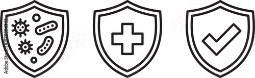 Health protection icons set, modern line medical safety symbols, immunity antivirus shields, quality assurance concepts, healthcare apps web interface