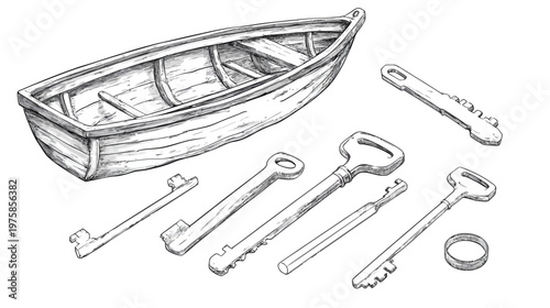 A grayscale illustration of a wooden rowboat beside several keys and a ring