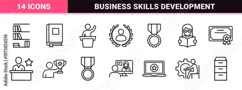 Business expertise and professional skills minimalist line icon set