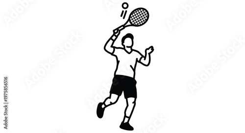 A black and white illustration of a tennis player preparing to serve