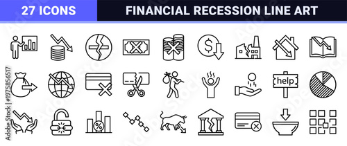 Economic crisis and financial recession minimalist outline icons