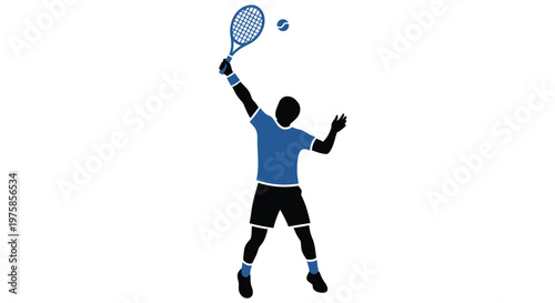 A blue silhouette of a tennis player preparing to serve a ball