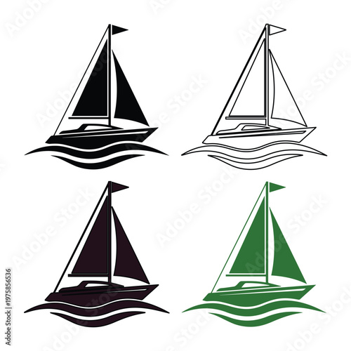 Minimalist sailboat icons set, nautical yacht vector silhouettes on waves, modern sailing boat logo collection for marine branding and travel design