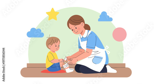 Caring caregiver applying bandage to injured child's knee in kindergarten classroom