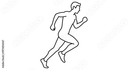 Simple line drawing depicts a man in motion actively running forward