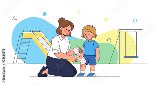 Caring mother applies bandage to child's knee on playground, first aid, injury care