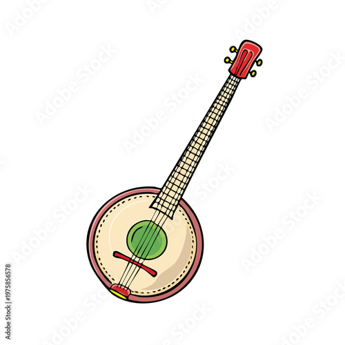 Cartoon illustration of a colorful banjo with a red headstock and green resonator