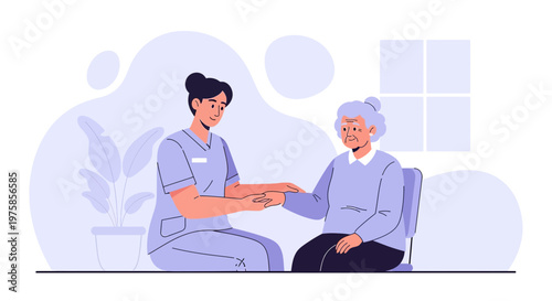 Caring nurse assists elderly woman, providing comfort and support in a home or clinic setting.