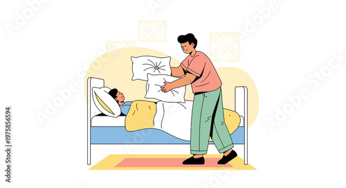 Caring parent tucks child into bed, adjusts pillow for comfortable sleep, bedtime routine