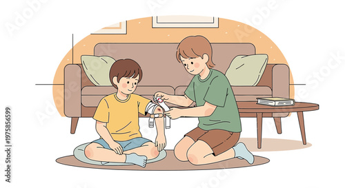 Caring sibling applies bandage to injured arm of younger brother at home