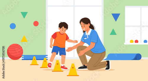 Child undergoing physical therapy with cones and therapist encouragement
