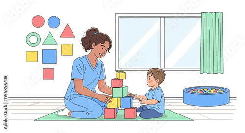 Child therapist and boy build tower with colorful blocks, learning shapes and colors