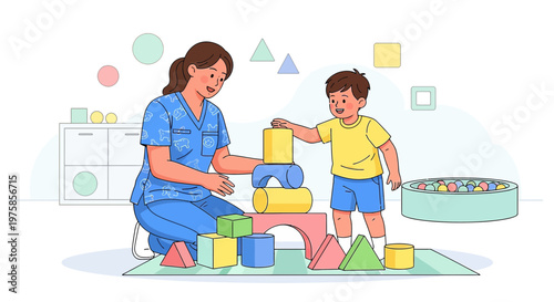 Childcare worker and boy playing with colorful blocks, educational activity in kindergarten