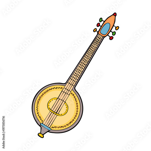A bright cartoon illustration of a stringed folk instrument with a round body and long neck.