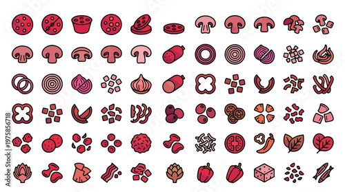 Pizza Toppings Icon Set in Linear Style. Collection of food linear icons including pepperoni, mushrooms, onions, peppers, sausage, olives, pineapple, basil, and more. Editable Stroke.