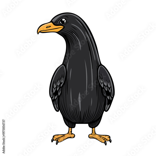 Whimsical Black Bird with Orange Beak Standing Proudly Cartoon Illustration