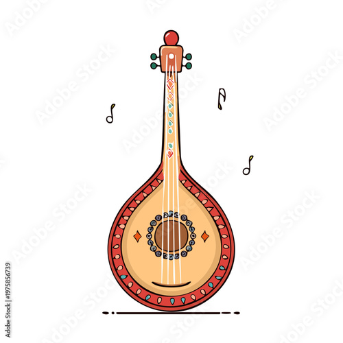 Oud stringed instrument with ornate decoration and musical notes