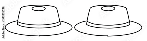 Minimalist boater hat vector icons, set of two flat top straw hat line drawings, classic summer headwear illustrations for fashion design