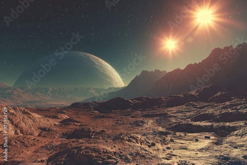 Twin Suns Over Barren Exoplanet Rocky Terrain