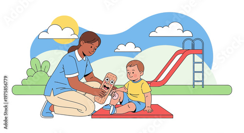 Childcare Worker Plays With Toddler and Baby Outdoors