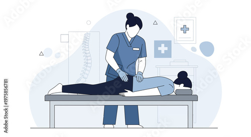 Chiropractor adjusting patient's lower back on examination table, medical illustration