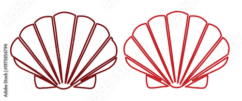 Minimalist seashell line art vector, elegant scallop shell outline illustrations, red nautical beach icons for summer branding and logo design