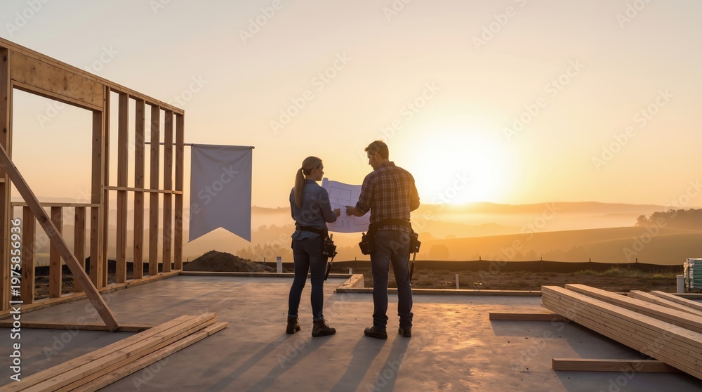Fototapeta premium Woman architect and man builder looking at blueprint on construction site at sunset. Professional team planning new house project. Industry development, teamwork and engineering real estate