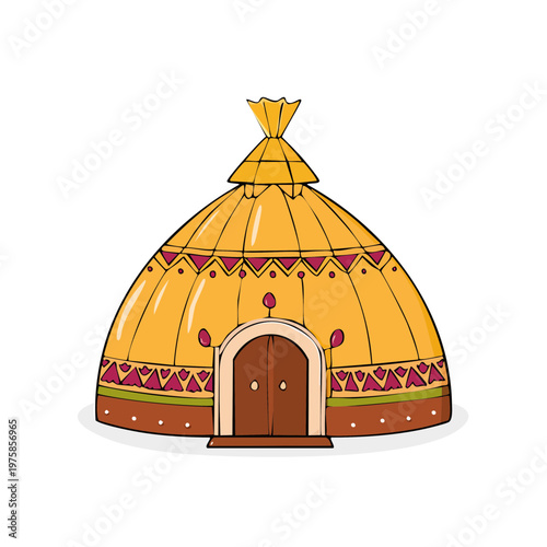 Traditional thatched dome hut with colorful geometric patterns and double wooden doors