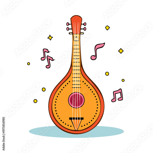 Illustration of a Mandolin with Musical Notes and Sparkles