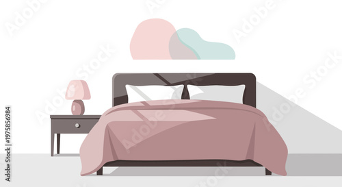 Cozy Bedroom Interior with Pink Bedding and Nightstand, Soft Light