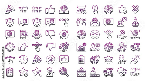 Pizza Feedback and Review Icon Set in Line Style. A collection of linear icons representing ratings, including star rating, thumbs up, delivery, chef, box, menu, comment