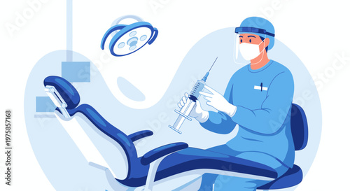 Dentist in protective gear with syringe in modern dental chair, preparing for procedure