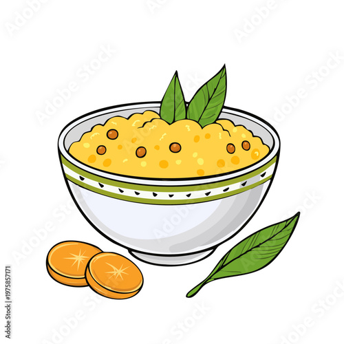 Hand drawn healthy breakfast oatmeal bowl with orange slices and green leaves illustration