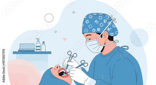 Dentist Performing Dental Surgery in Operating Room with Patient
