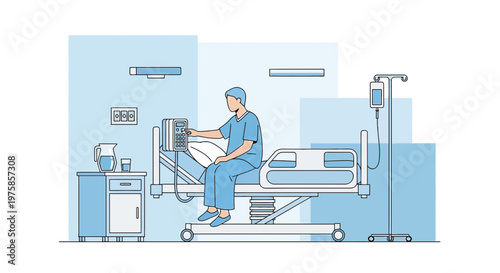 Doctor Adjusting Medical Monitor in Hospital Room with Patient Bed and IV Drip