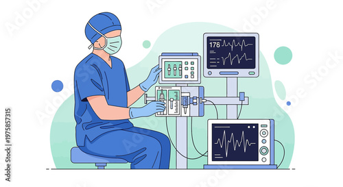 Doctor Adjusting Medical Ventilator Machine in Operating Room with Monitors