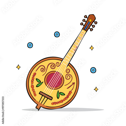 Colorful Cartoon Traditional Musical Instrument with Decorative Elements and Stars