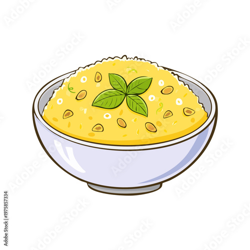 Hand drawn bowl of yellow risotto with green basil leaves and pine nuts