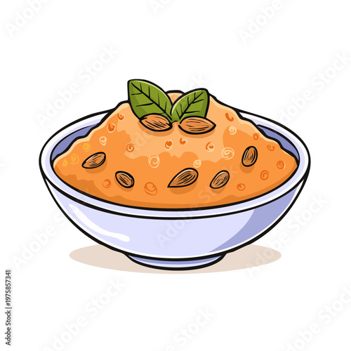 Wholesome bowl of grainy porridge with almonds and mint leaves, delicious breakfast illustration