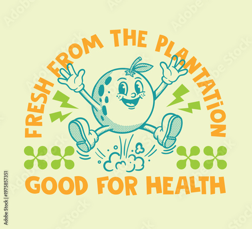 Vector illustration of a t-shirt design cheerful retro orange character jumping with text Good For Health