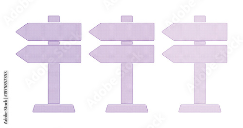 Purple directional signpost icons set, flat vector wooden road signs with arrows, blank lavender street signage for navigation and wayfinding
