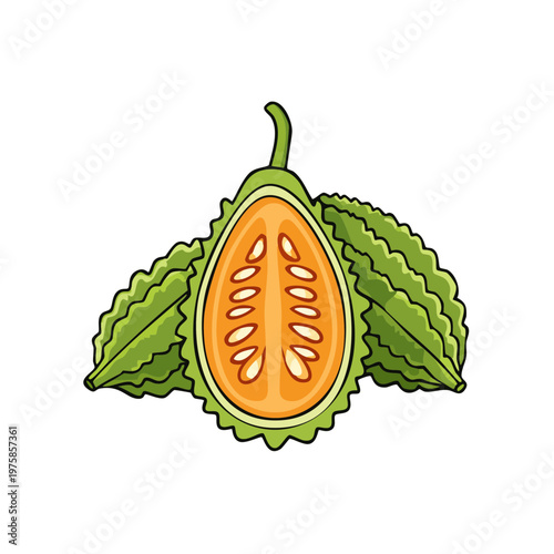 Whole and halved bitter melon illustration showing vibrant orange seeds and green bumpy skin